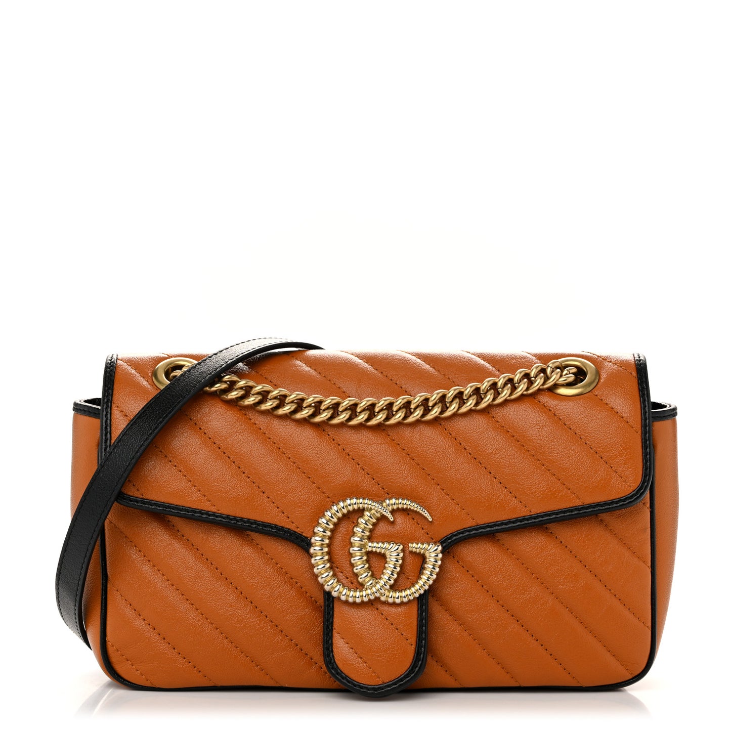 Vintage Effect Calfskin Matelasse Diagonal Small Torchon GG Marmont Shoulder Bag Cognac Black