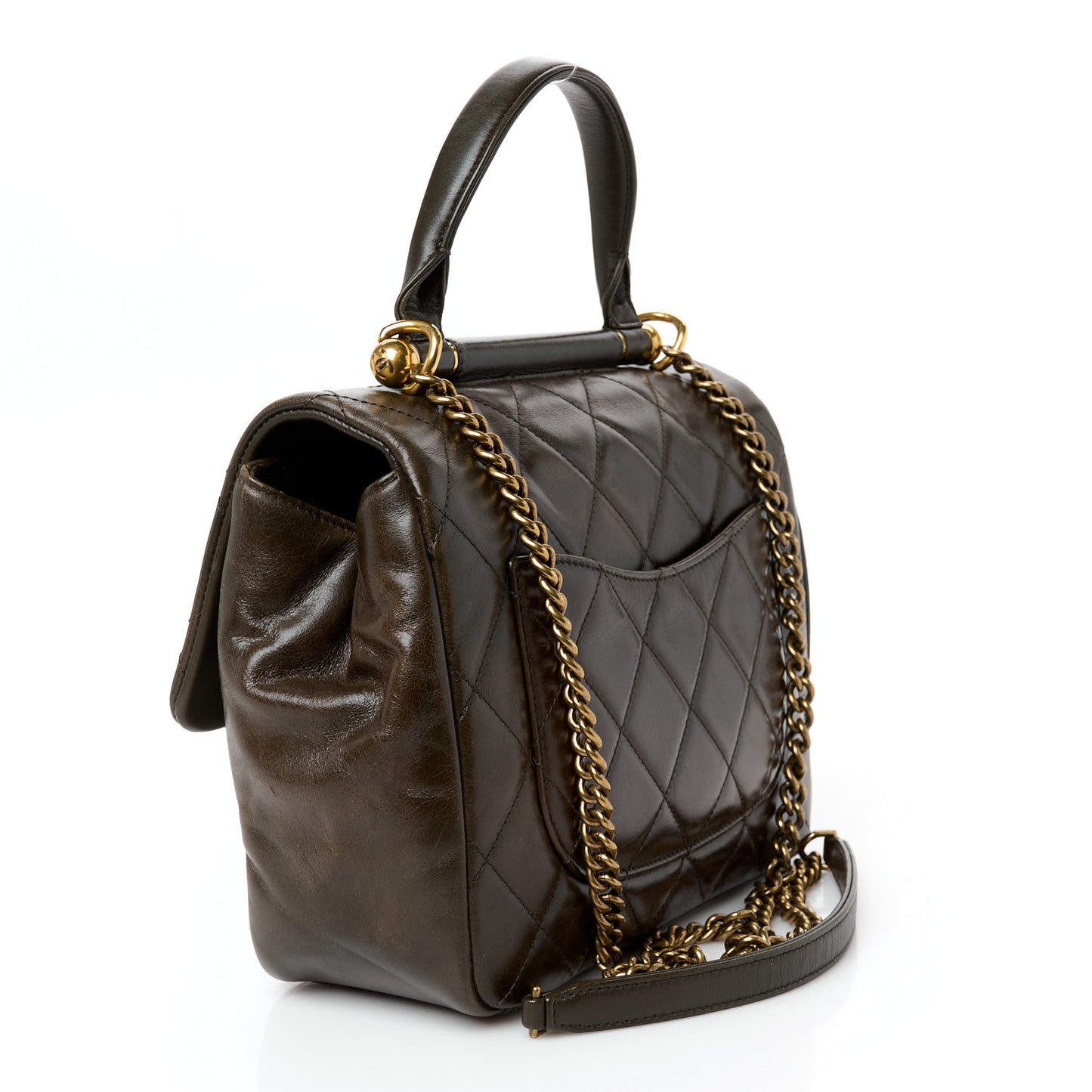 Calfskin Quilted Medium Gold Bar Top Handle Flap Dark Khaki