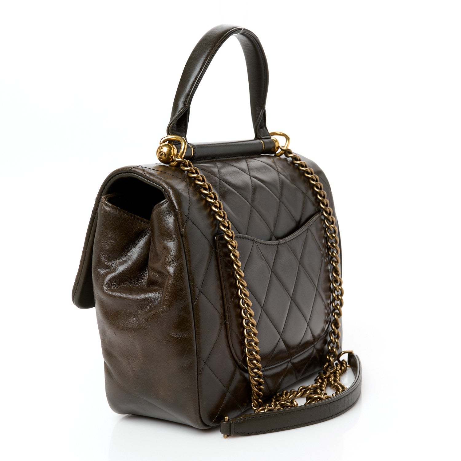 Chanel Calfskin Quilted Medium Gold Bar Top Handle Flap Dark Khaki 3 of 11