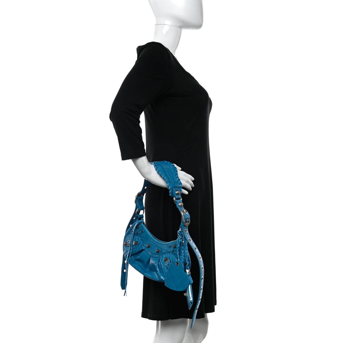 Extra Supple Calfskin Crocodile Embossed Le Cagole Shoulder Bag XS Turquoise