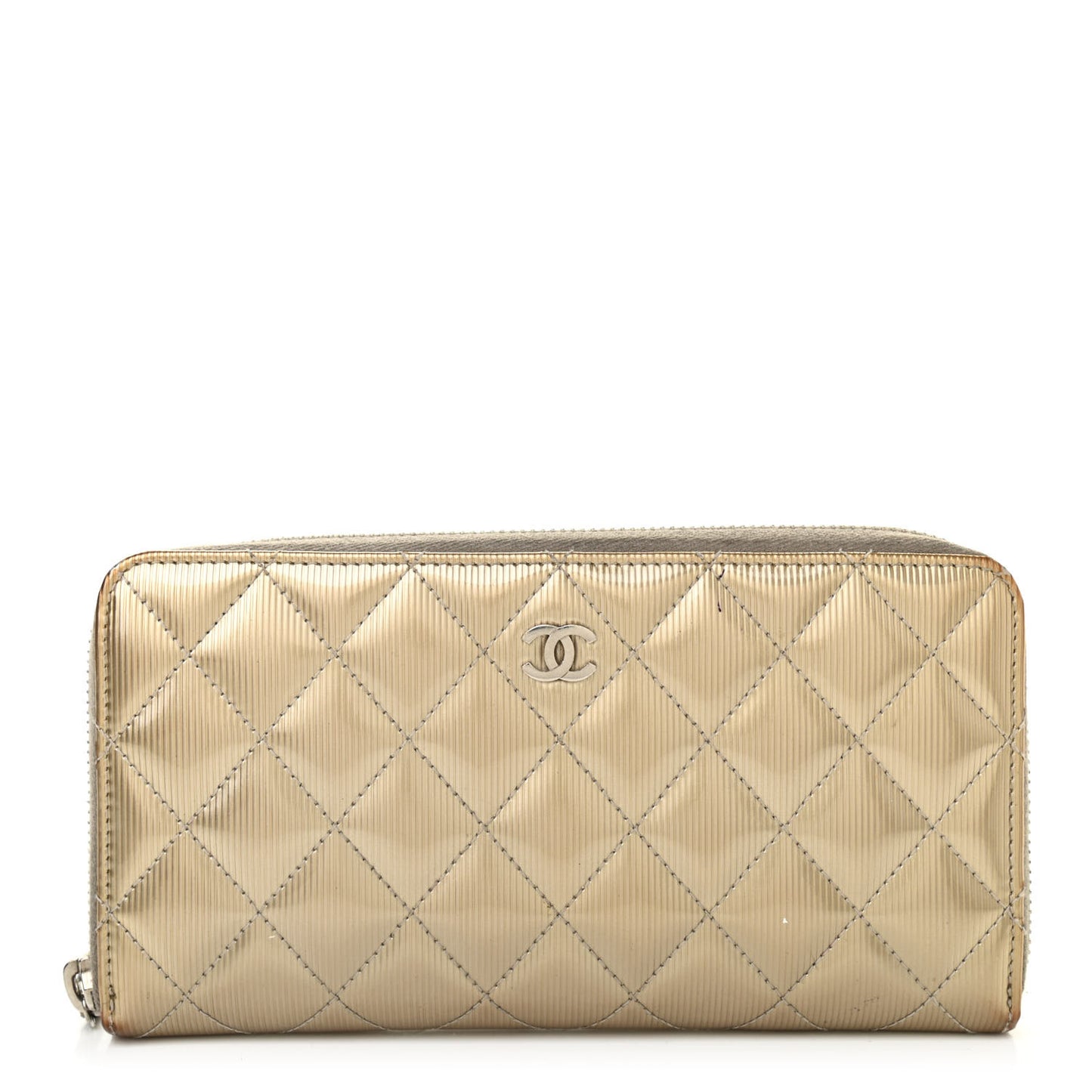 Striated Patent Zip Around Wallet Gold