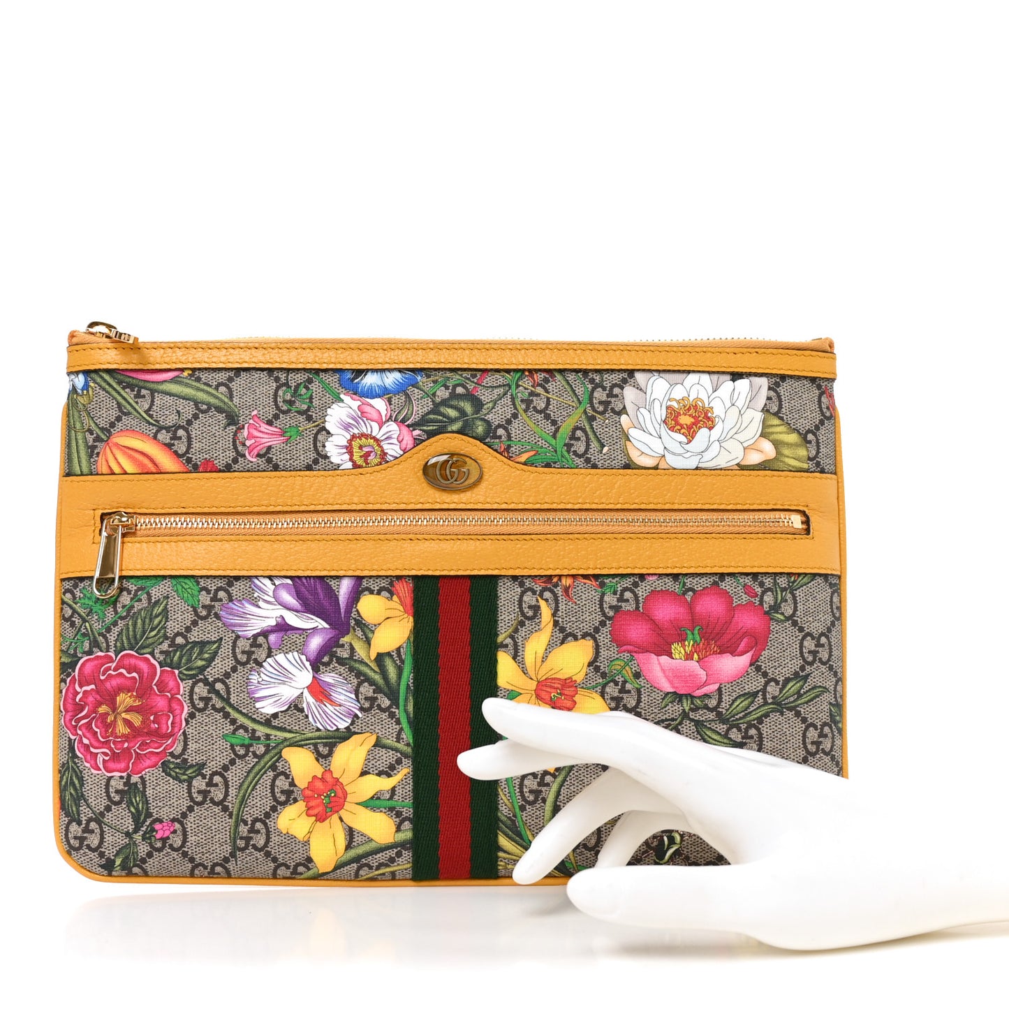 GG Supreme Monogram Flora Large Ophidia Pouch Clutch Beige Multicolor Crop