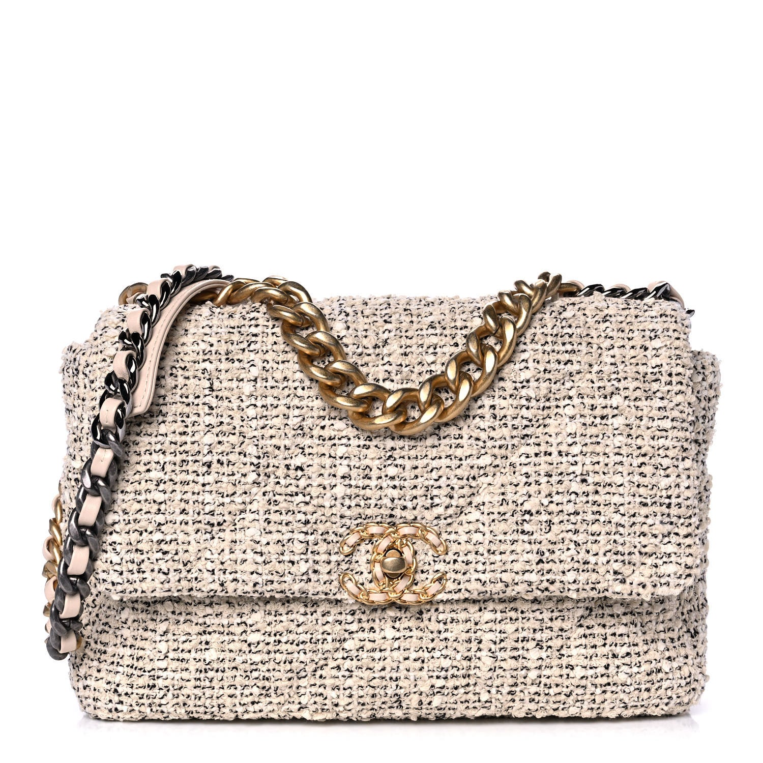 Chanel Tweed Quilted Large Chanel 19 Flap Ecru Black 1 of 10