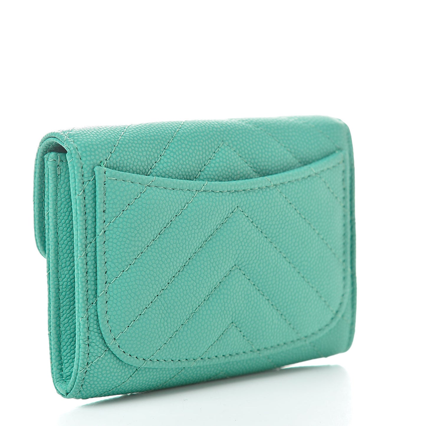 Caviar Chevron Quilted Card Holder Wallet Green