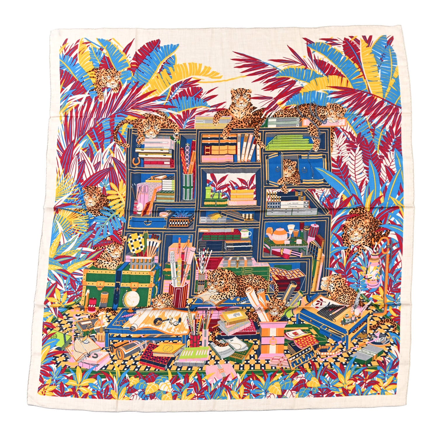 Hermes Cashmere Silk Les Douze Leopards Shawl 140 Naturel Bleu Canard 1 of 6