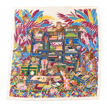 Hermes Cashmere Silk Les Douze Leopards Shawl 140 Naturel Bleu Canard 1 of 6