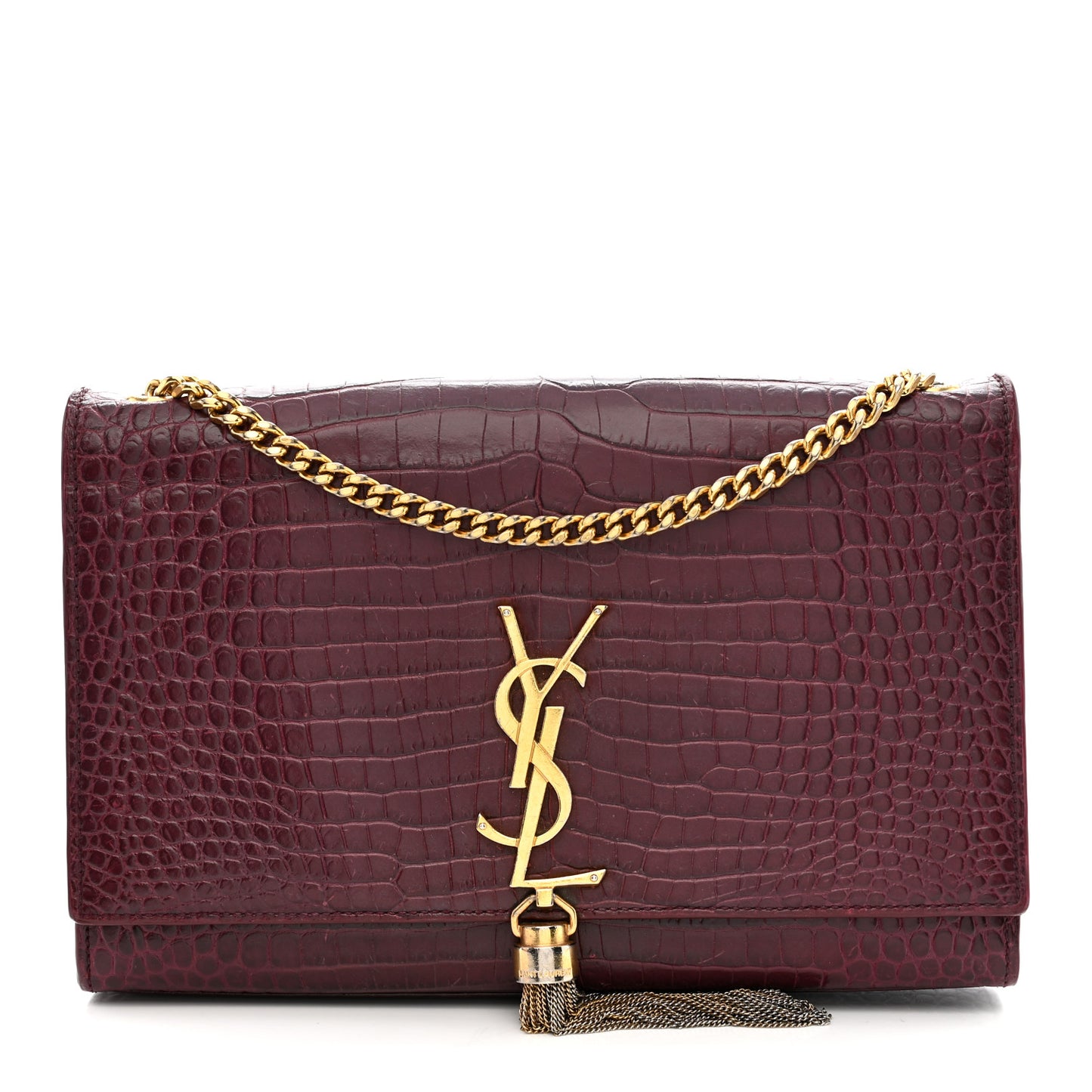 Calfskin Crocodile Embossed Medium Classic Monogram Kate Tassel Satchel Dark Red