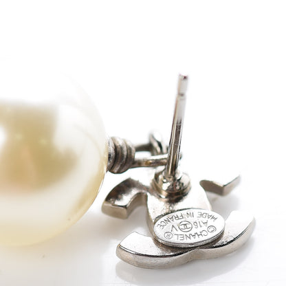 Chanel Crystal Pearl CC Drop Earrings Silver Pearly White 3 of 5