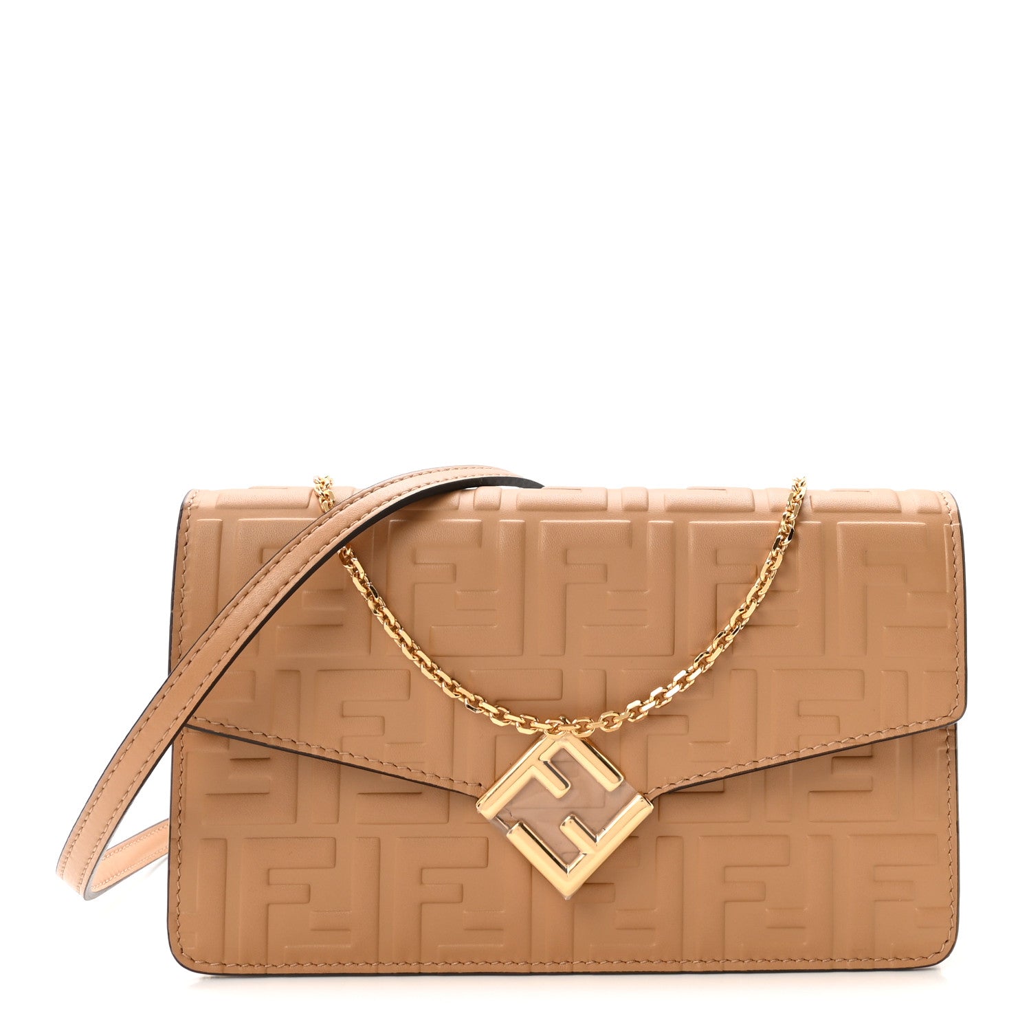 Fendi Vitello Ceylon Bi-Color FF 1974 Embossed FF Diamonds Chain Wallet Miele Scuro 1 of 9