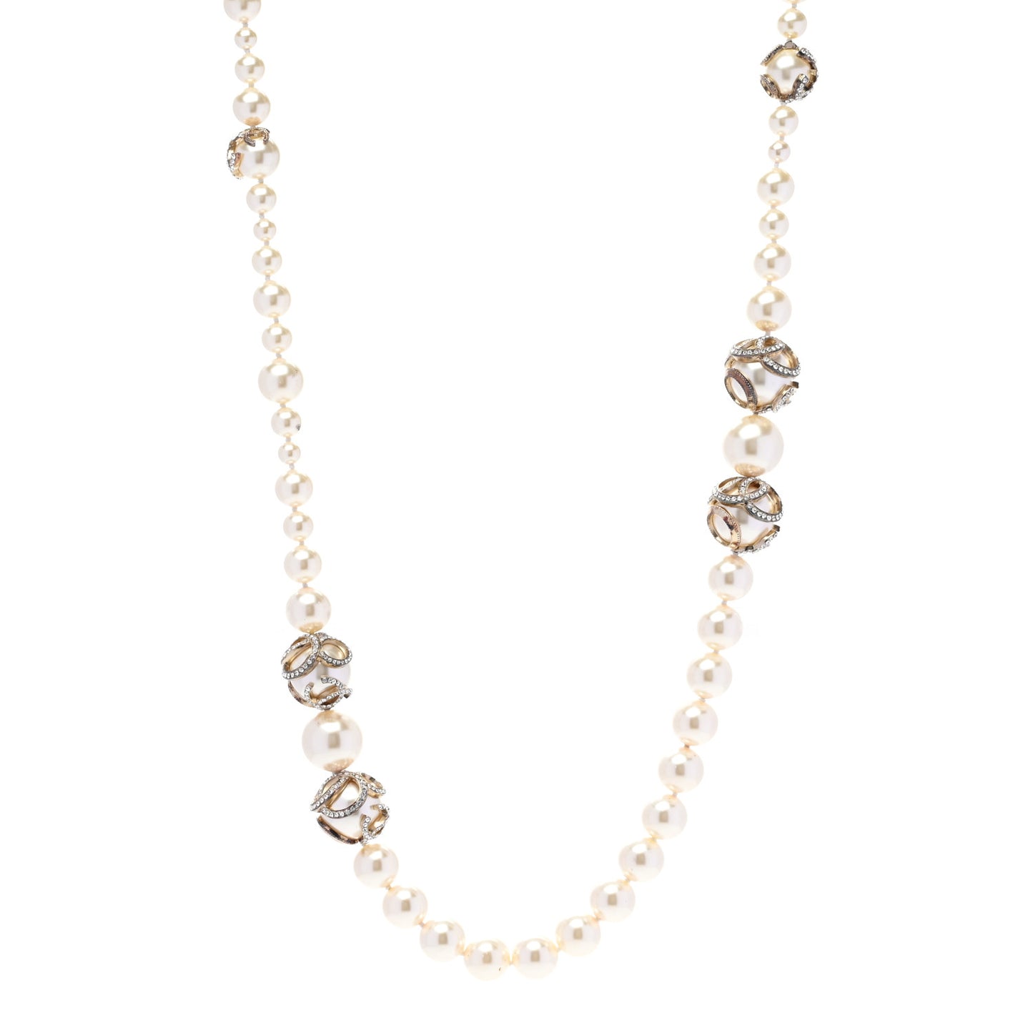 Pearl Crystal CC Long Necklace Gold Pearly White