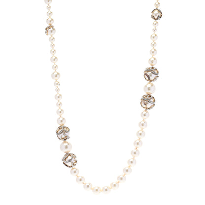 Chanel Pearl Crystal CC Long Necklace Gold Pearly White 1 of 6