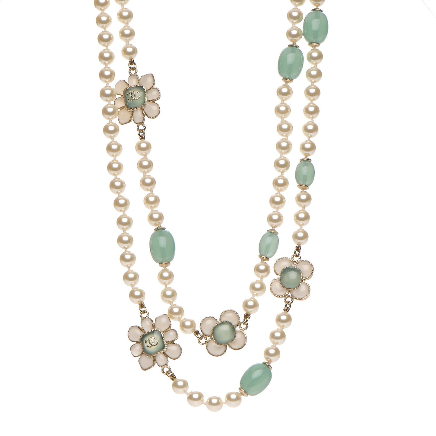 Pearl Gripoix Poured Glass Long Necklace Gold Green White