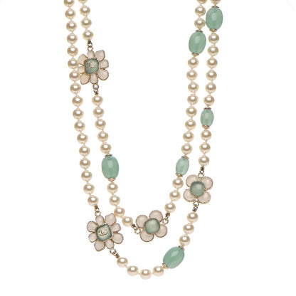 Chanel Pearl Gripoix Poured Glass Long Necklace Gold Green White 1 of 6