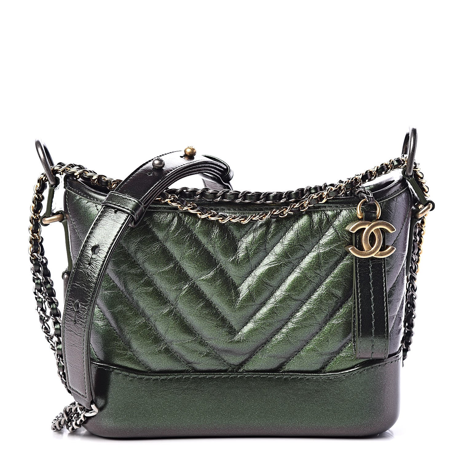 Chanel Metallic Calfskin Chevron Quilted Small Gabrielle Hobo Green 1 of 12