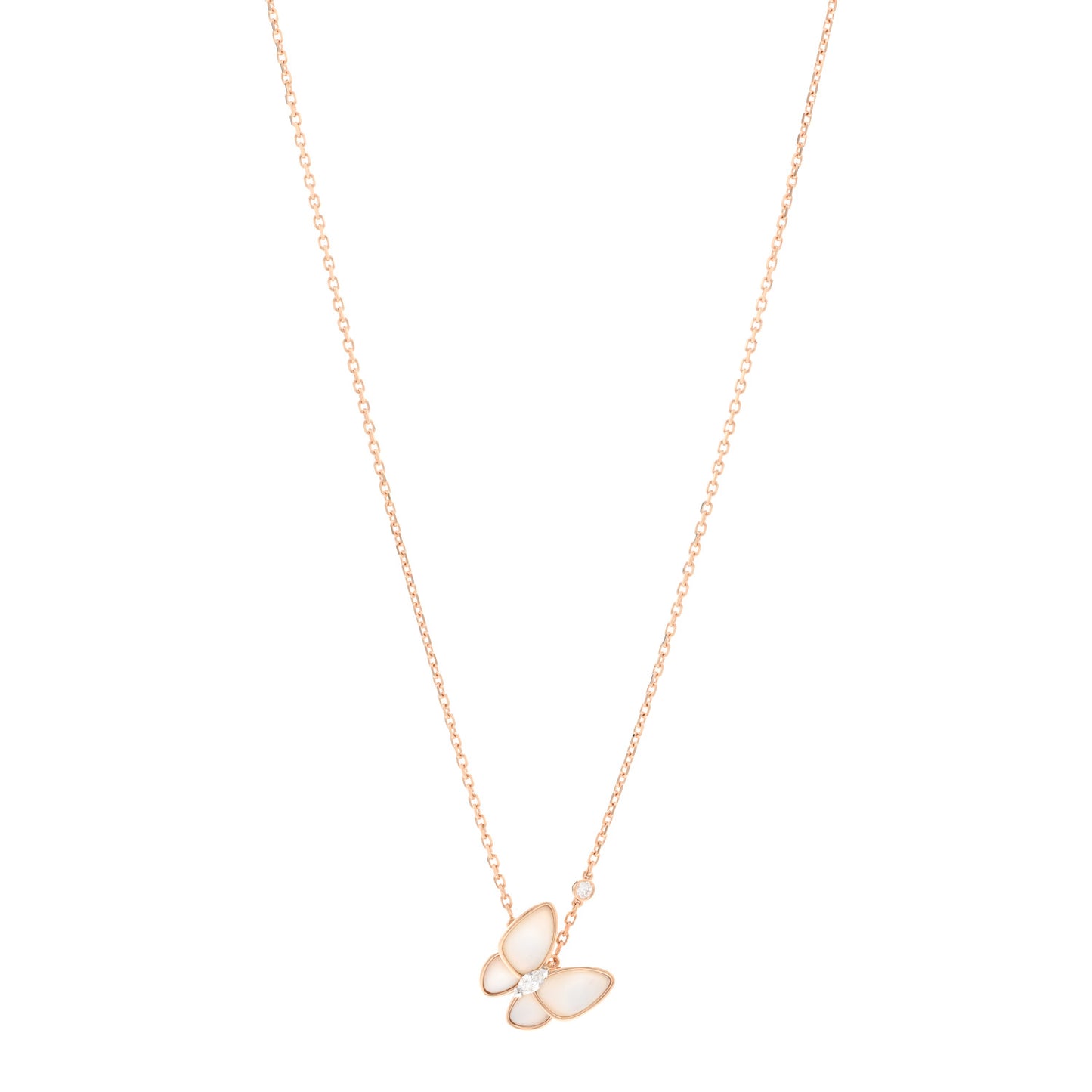 18K Rose Gold Diamond Mother of Pearl Two Butterfly Pendant Necklace
