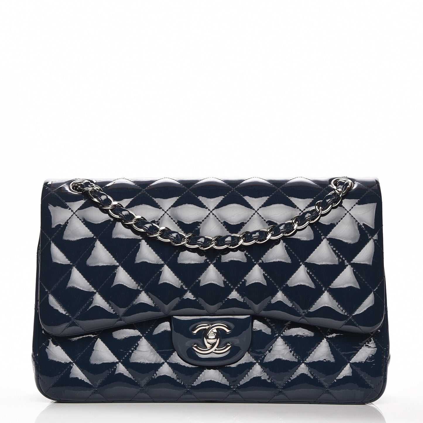 Patent Quilted Jumbo Double Flap Navy Blue
