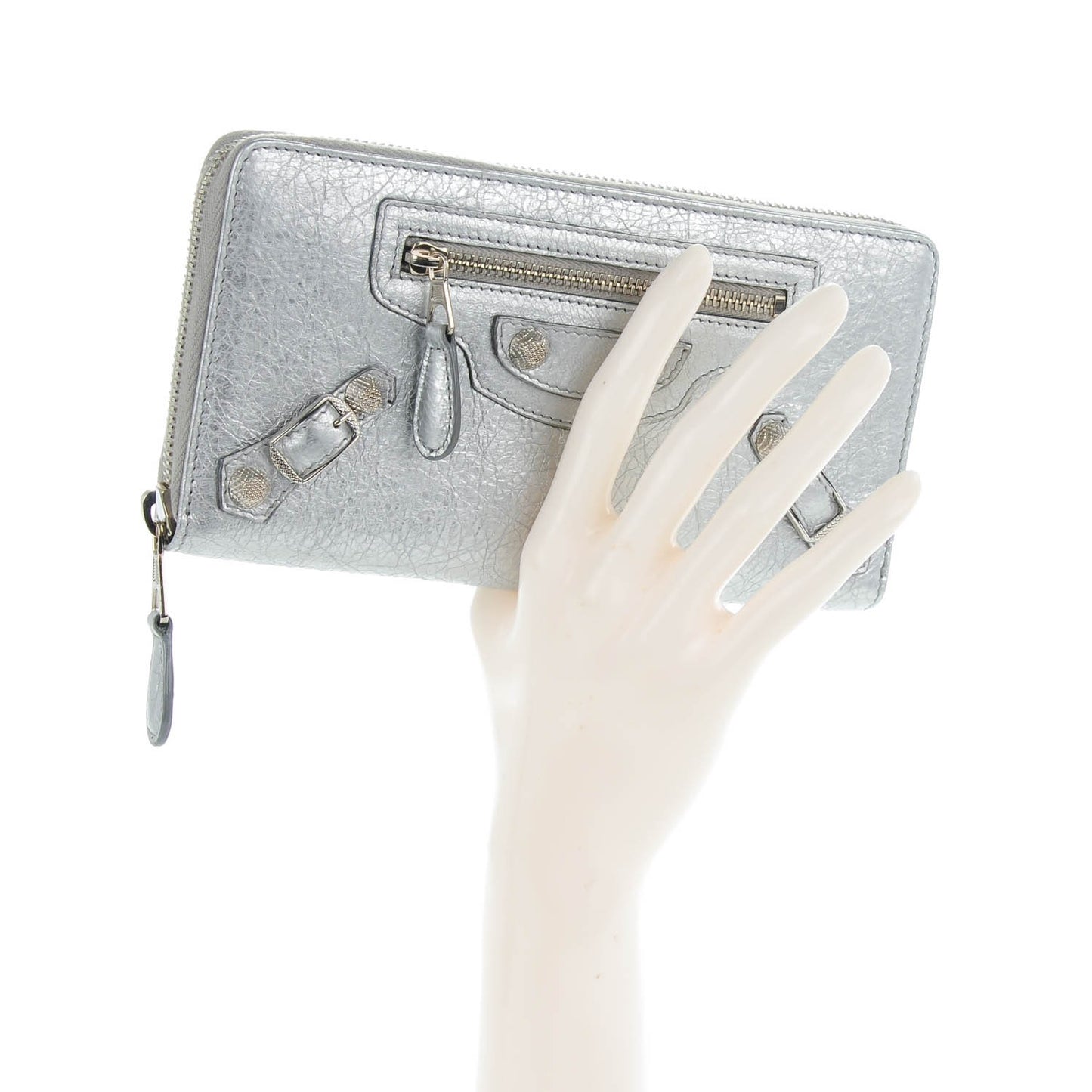 Agneau Giant 12 Silver Hardware Continental Zip Around Wallet Gris Aluminum