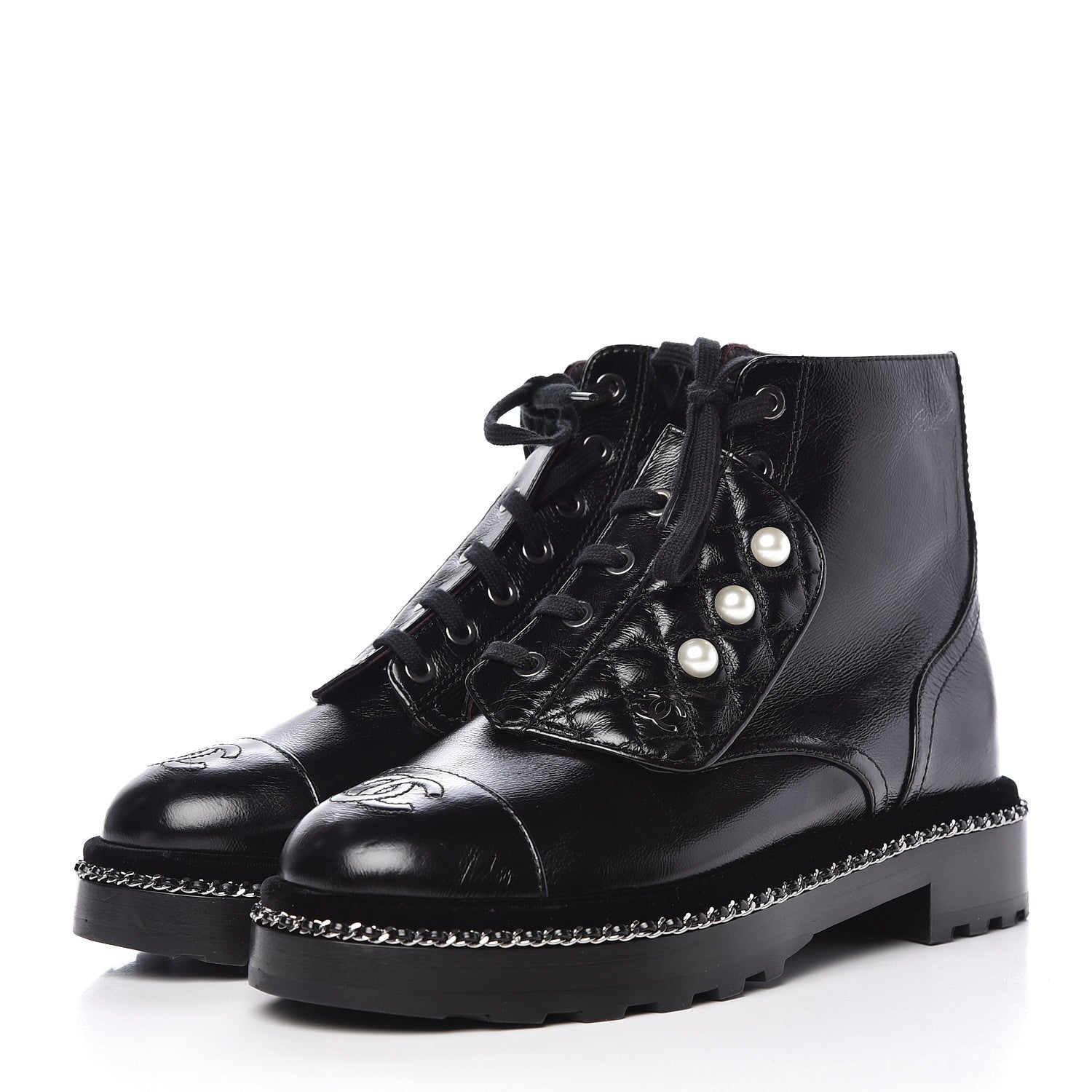Chanel Crackled Calfskin Velvet Pearl Combat Short Boots 37.5 Black 3 of 8