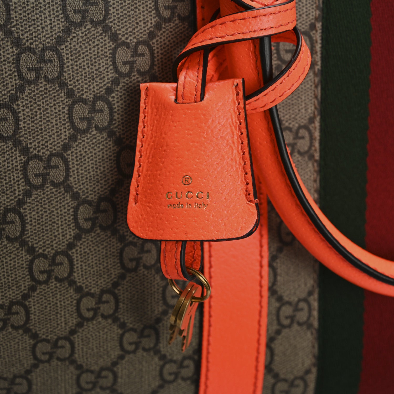 Gucci GG Supreme Monogram Textured Dollar Calfskin Web Medium Savoy Duffle Bag Beige Ebony Fluorescent Orange 6 of 16
