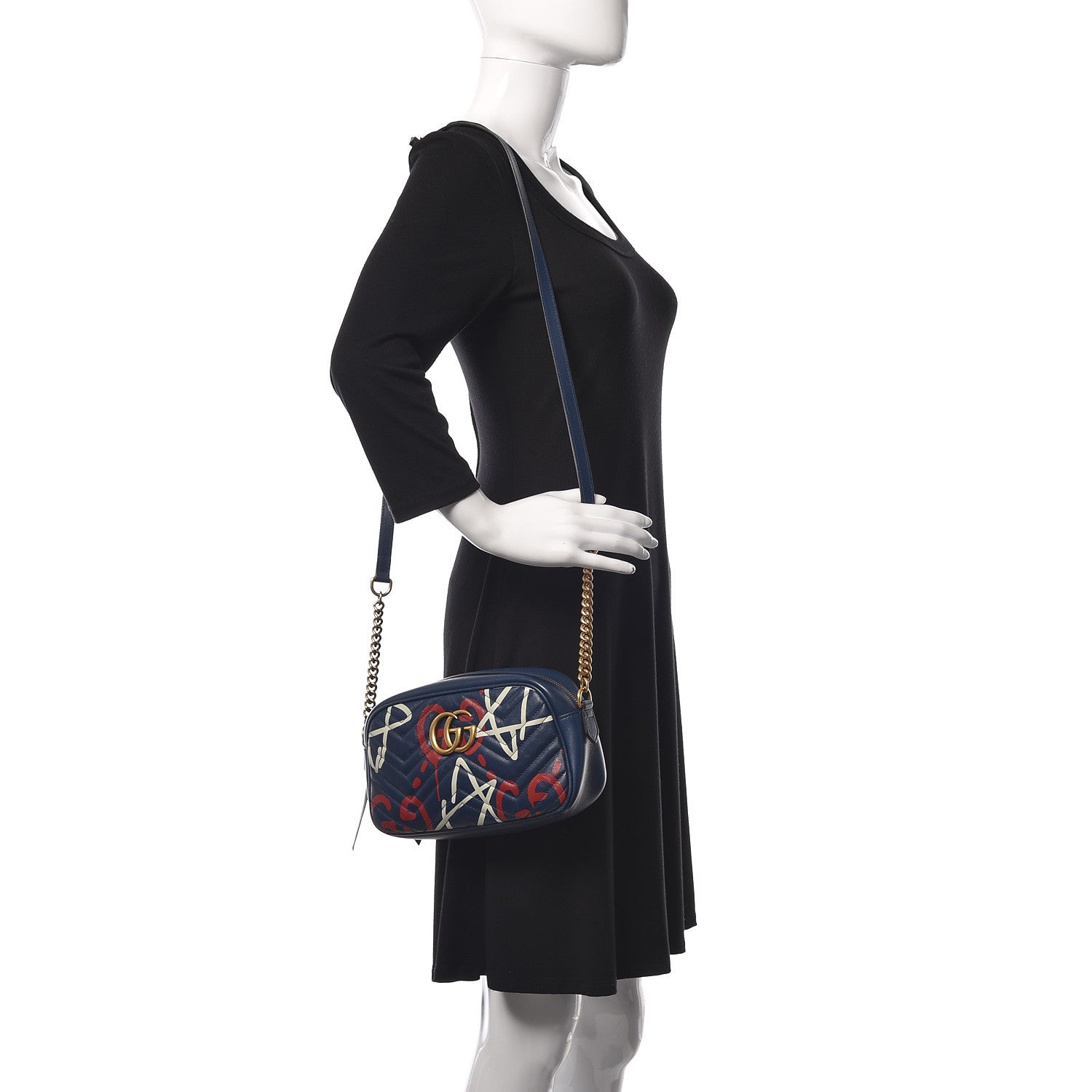 Gucci Calfskin Matelasse GucciGhost Small GG Marmont Chain Shoulder Bag Blue Agata Hibiscus Red 2 of 21