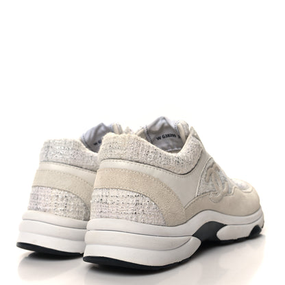 Chanel Painted Iridescent Cotton Tweed Suede Womens CC Sneakers 36 White Silver Multicolor 4 of 7