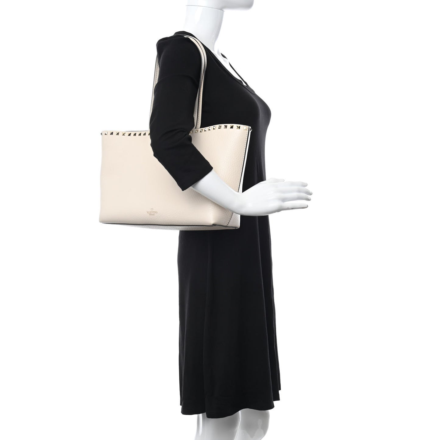 Grained Calfskin Small Rockstud Shoulder Tote Light Ivory