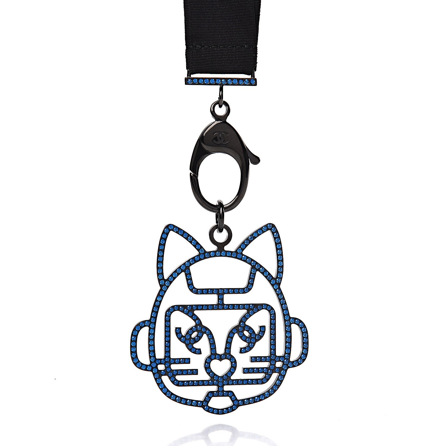 Chanel Crystal CC Emoji Robot Cat Lanyard Necklace Black Blue