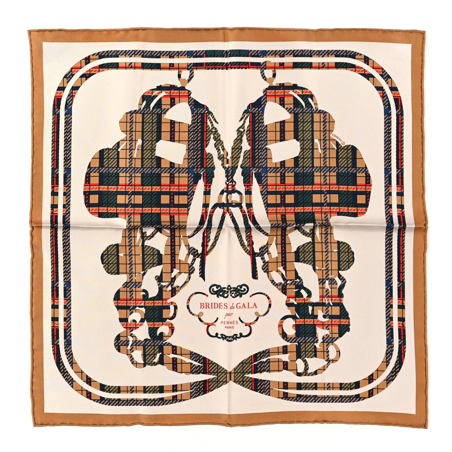 Hermes Silk Brides De Gala Tartan Pocket Square Ajaccio Beige Craie 1 of 6