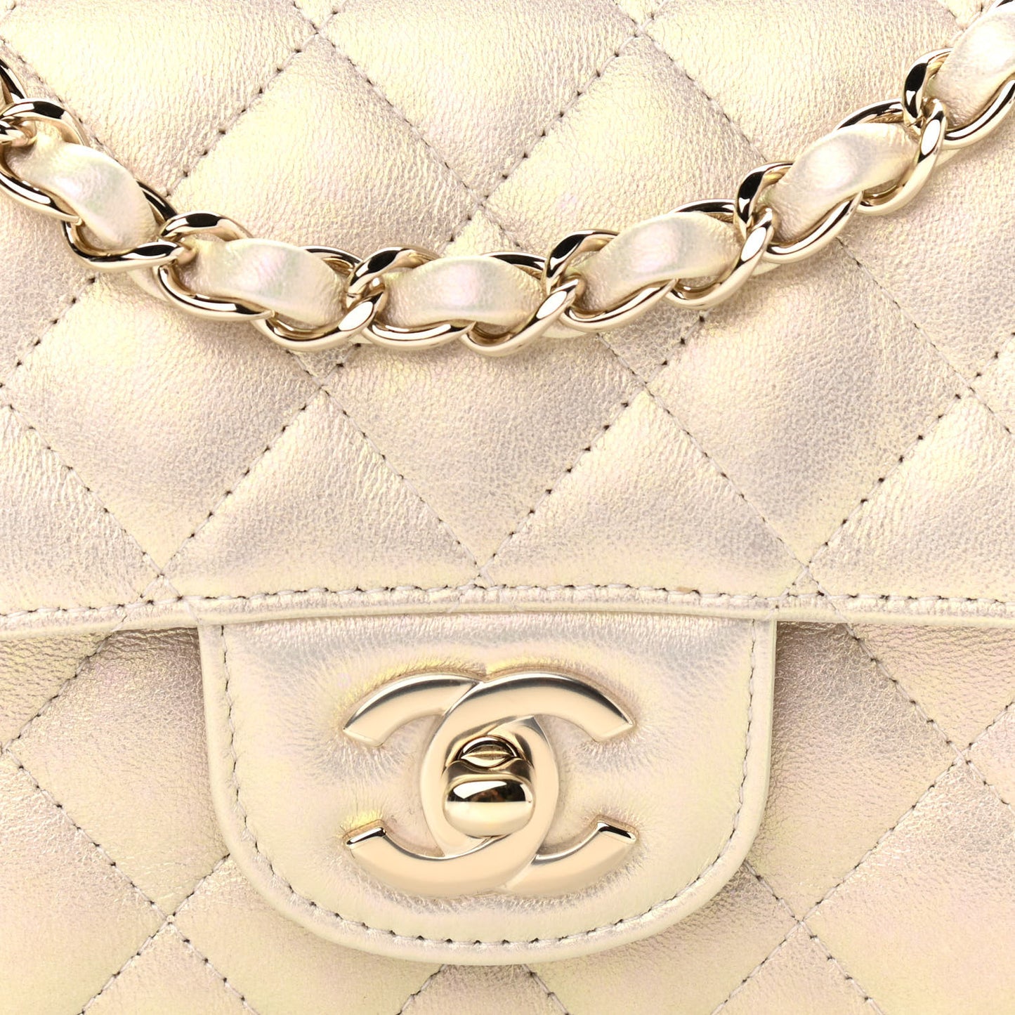 Iridescent Lambskin Quilted Mini Rectangular Flap Ivory