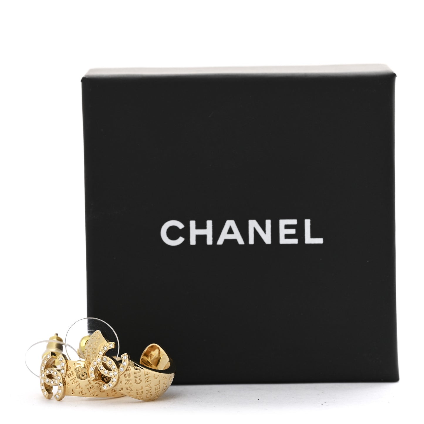 Metal Crystal CC Logo Hoop Earrings Gold