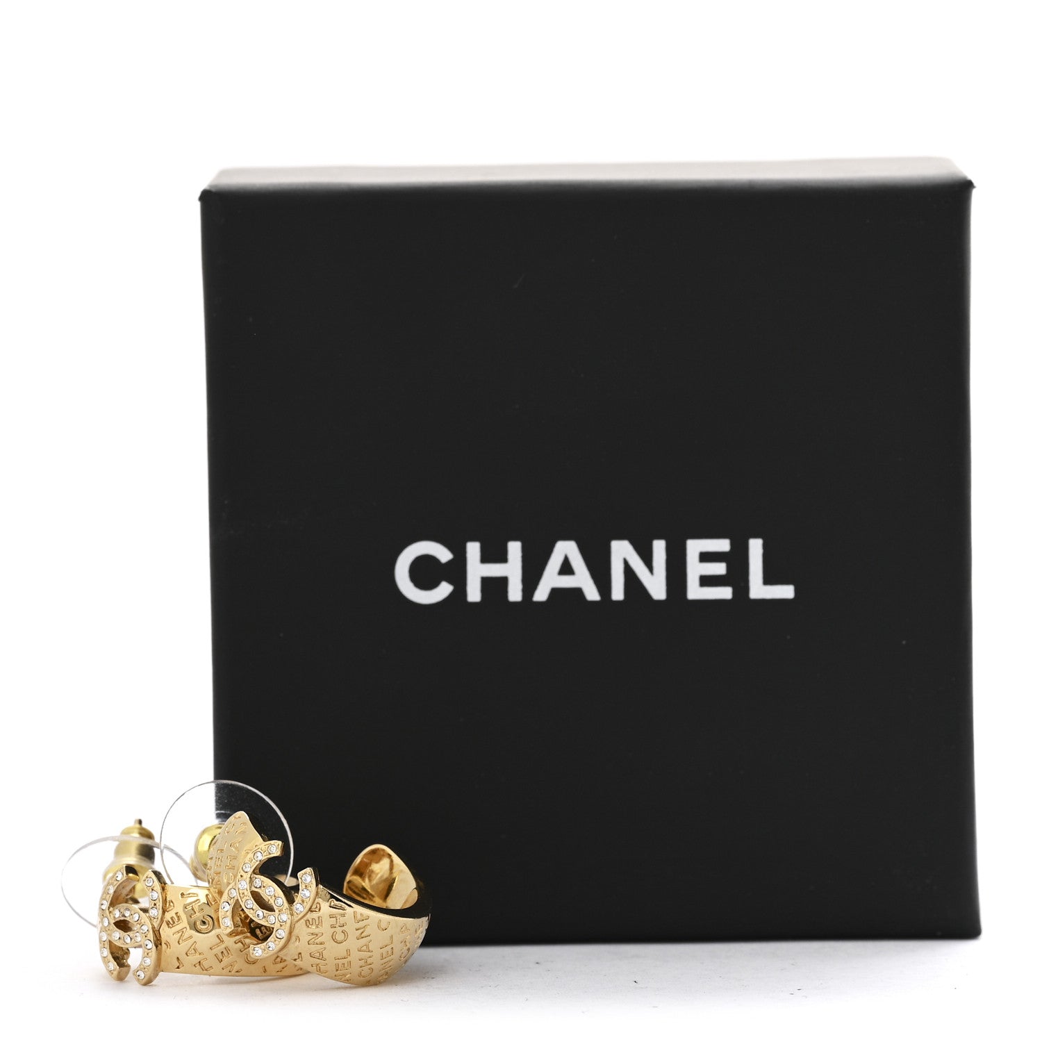 Chanel Metal Crystal CC Logo Hoop Earrings Gold 5 of 5