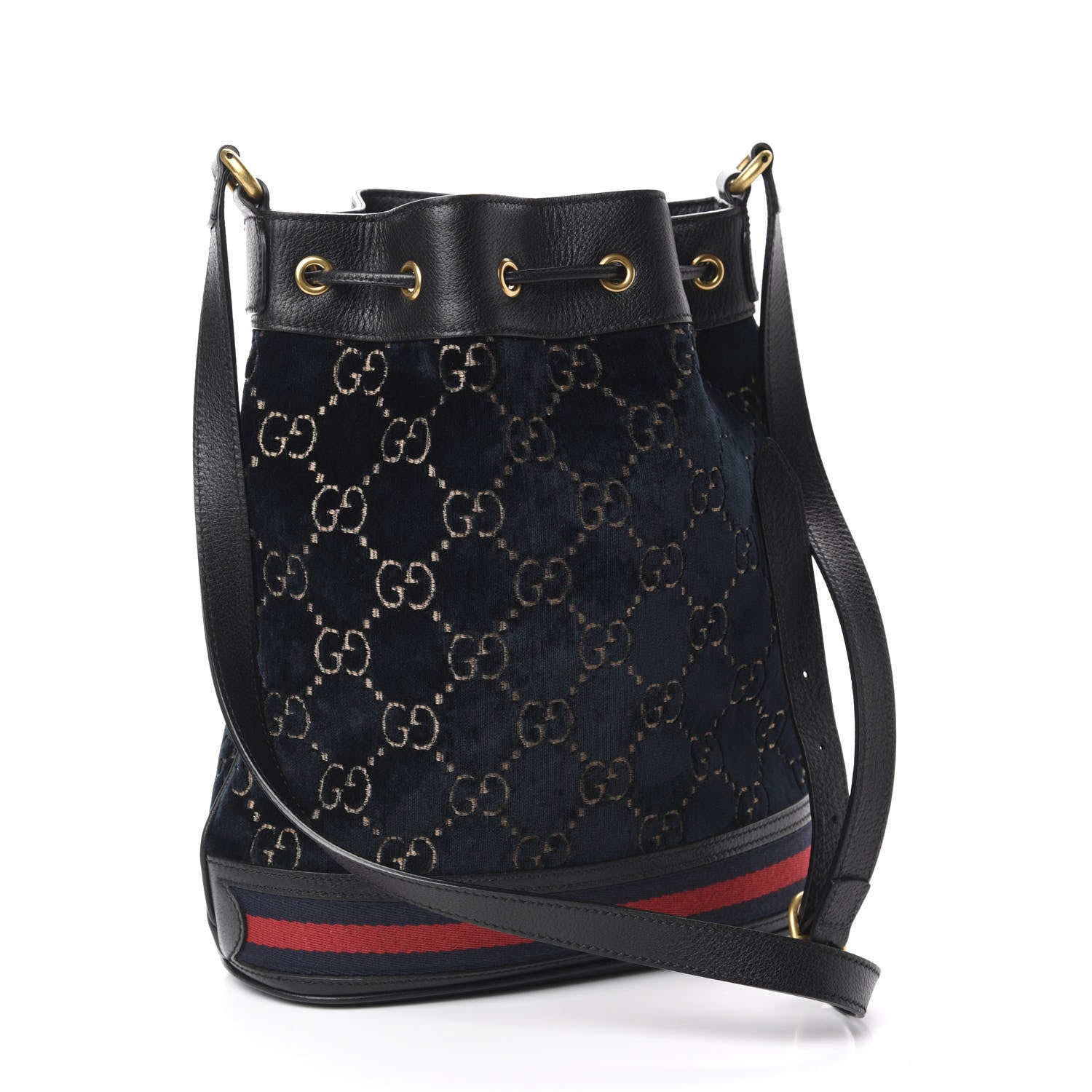 Gucci Velvet GG Monogram Web Bucket Bag Blue Beige 3 of 10