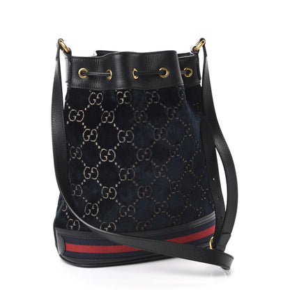 Gucci Velvet GG Monogram Web Bucket Bag Blue Beige 3 of 10