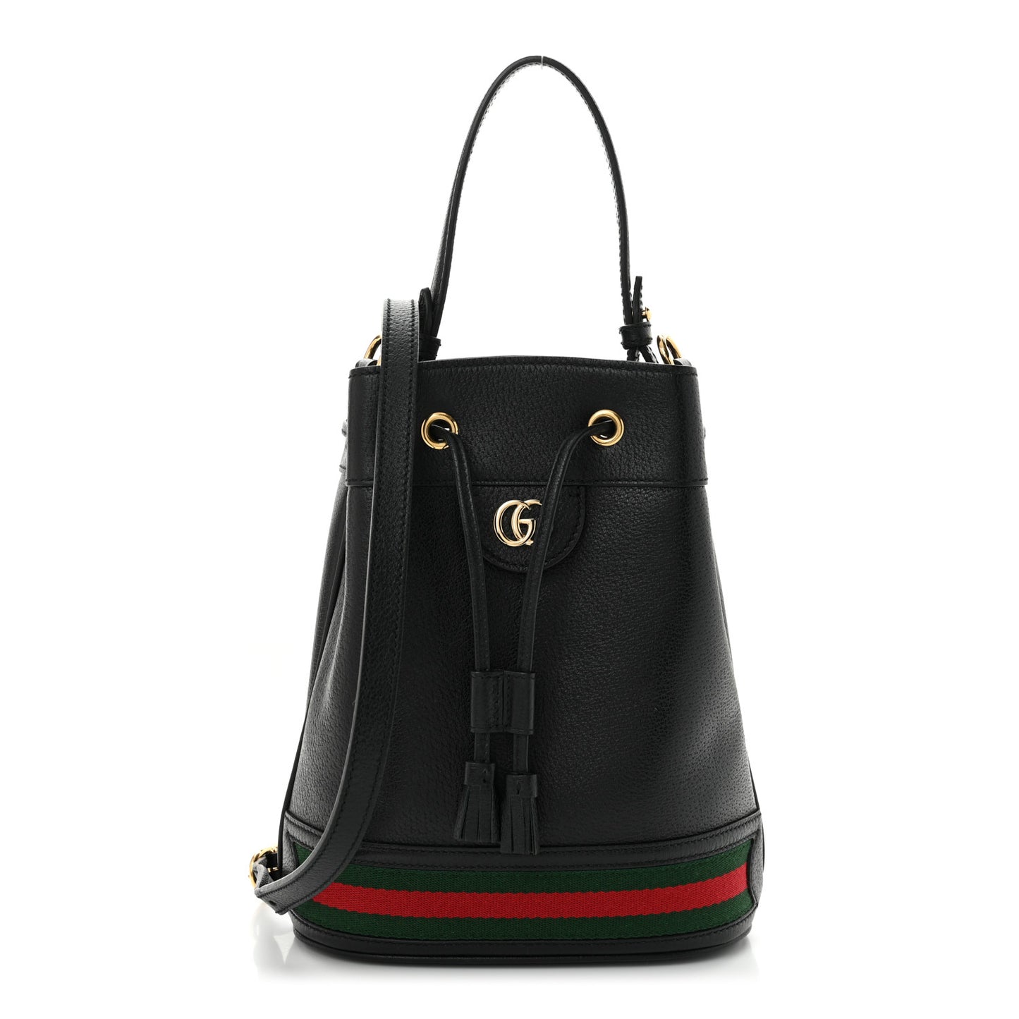 Glazed Textured Calfskin Web Small Ophidia Bucket Bag Black