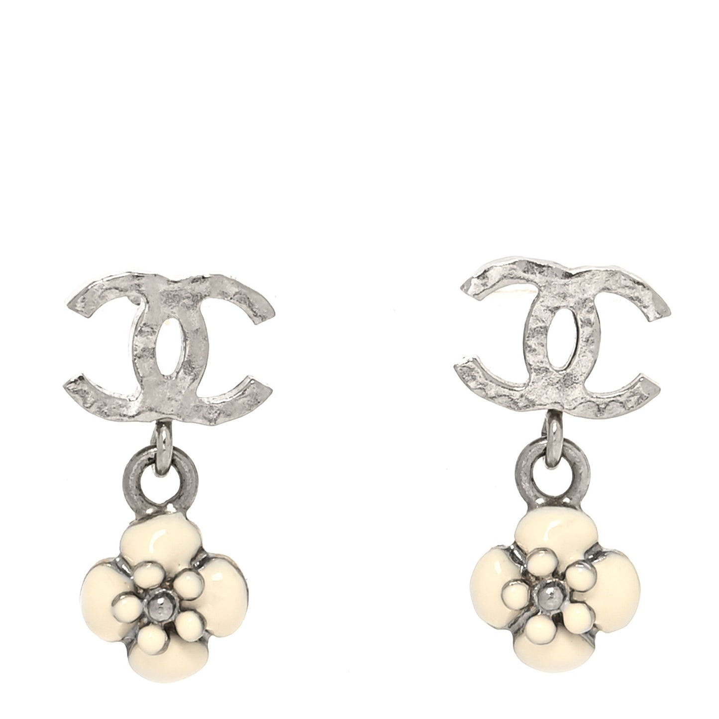 Flower CC Drop Earrings White Silver