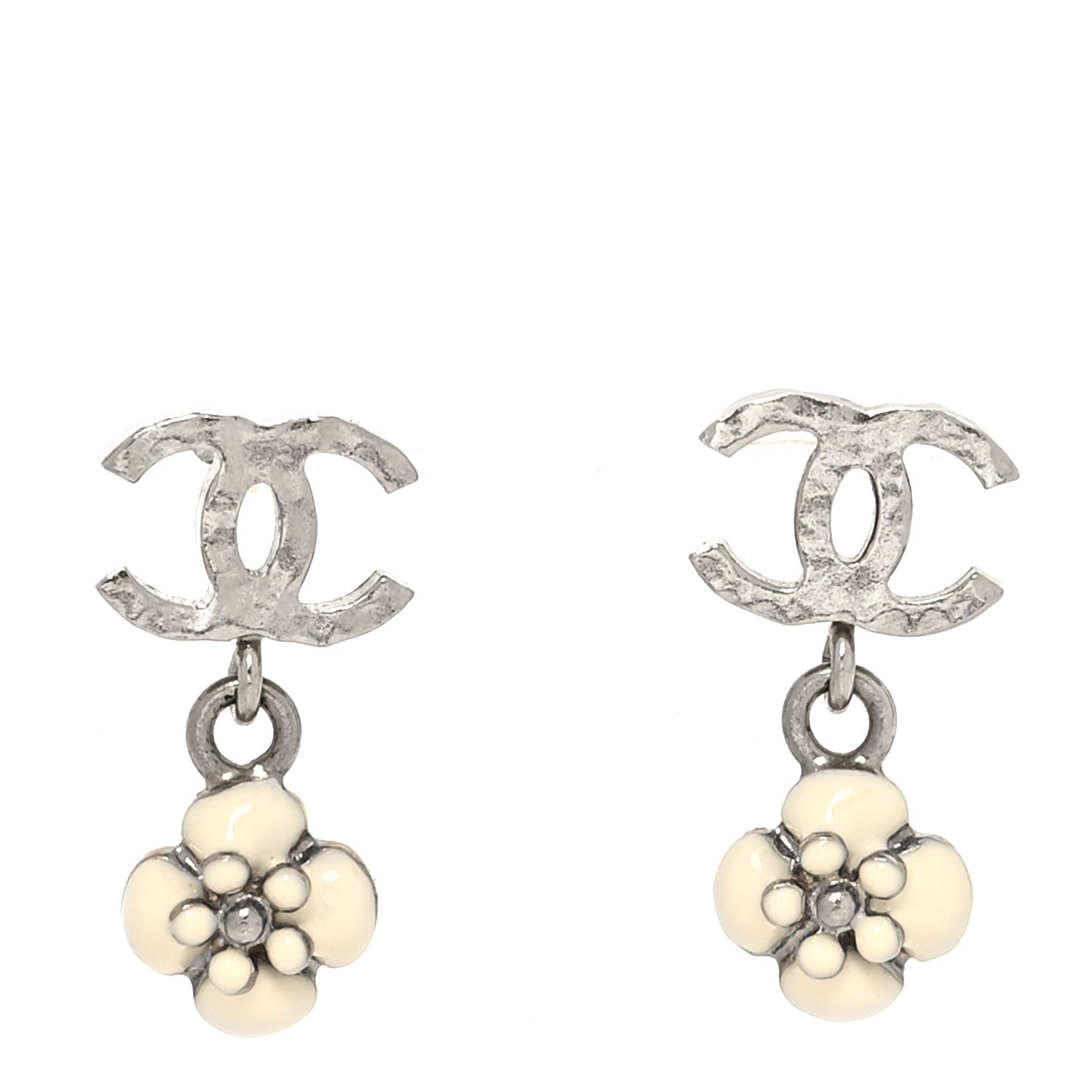Chanel Flower CC Drop Earrings White Silver 1 of 4
