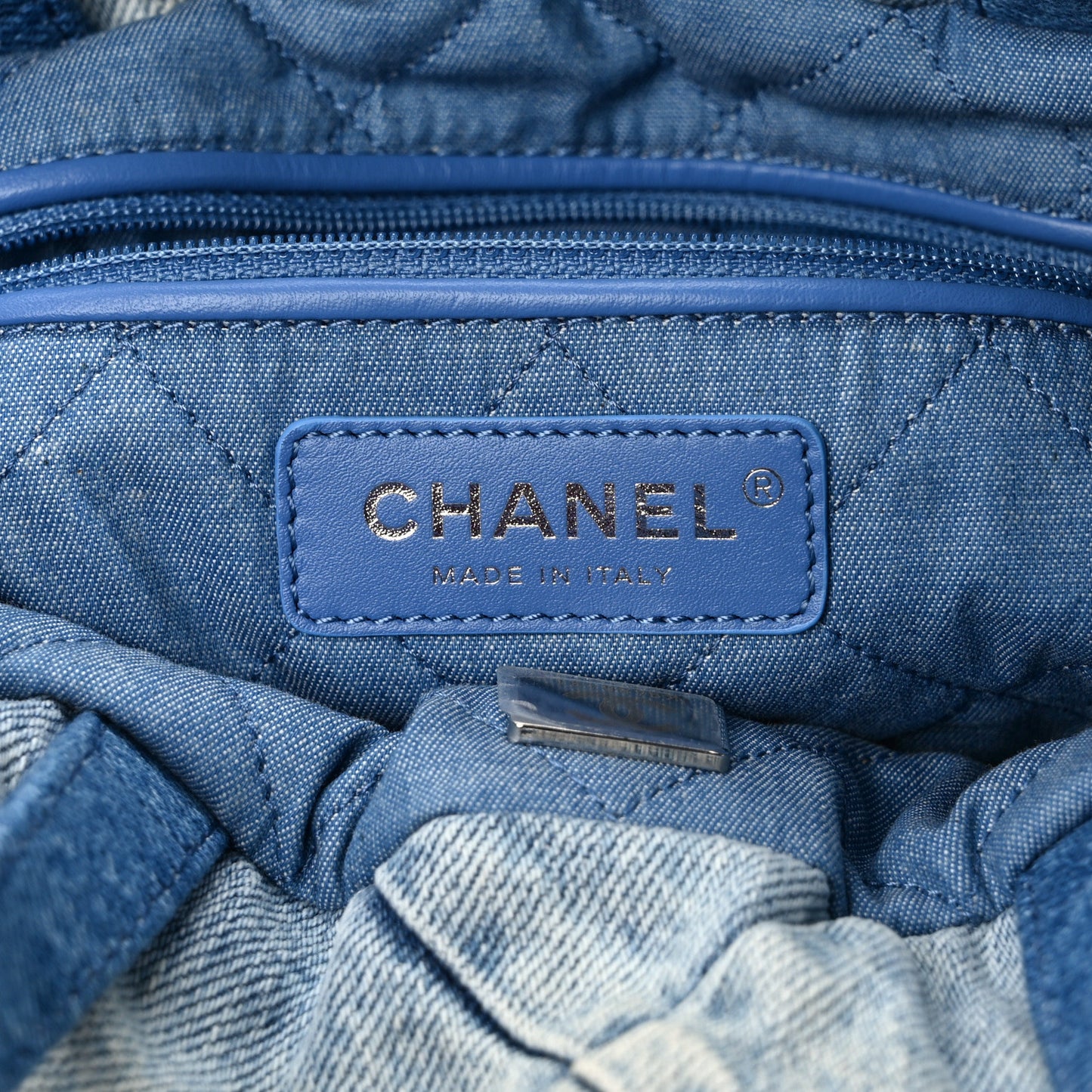 Denim Quilted Chanel 22 Backpack Blue