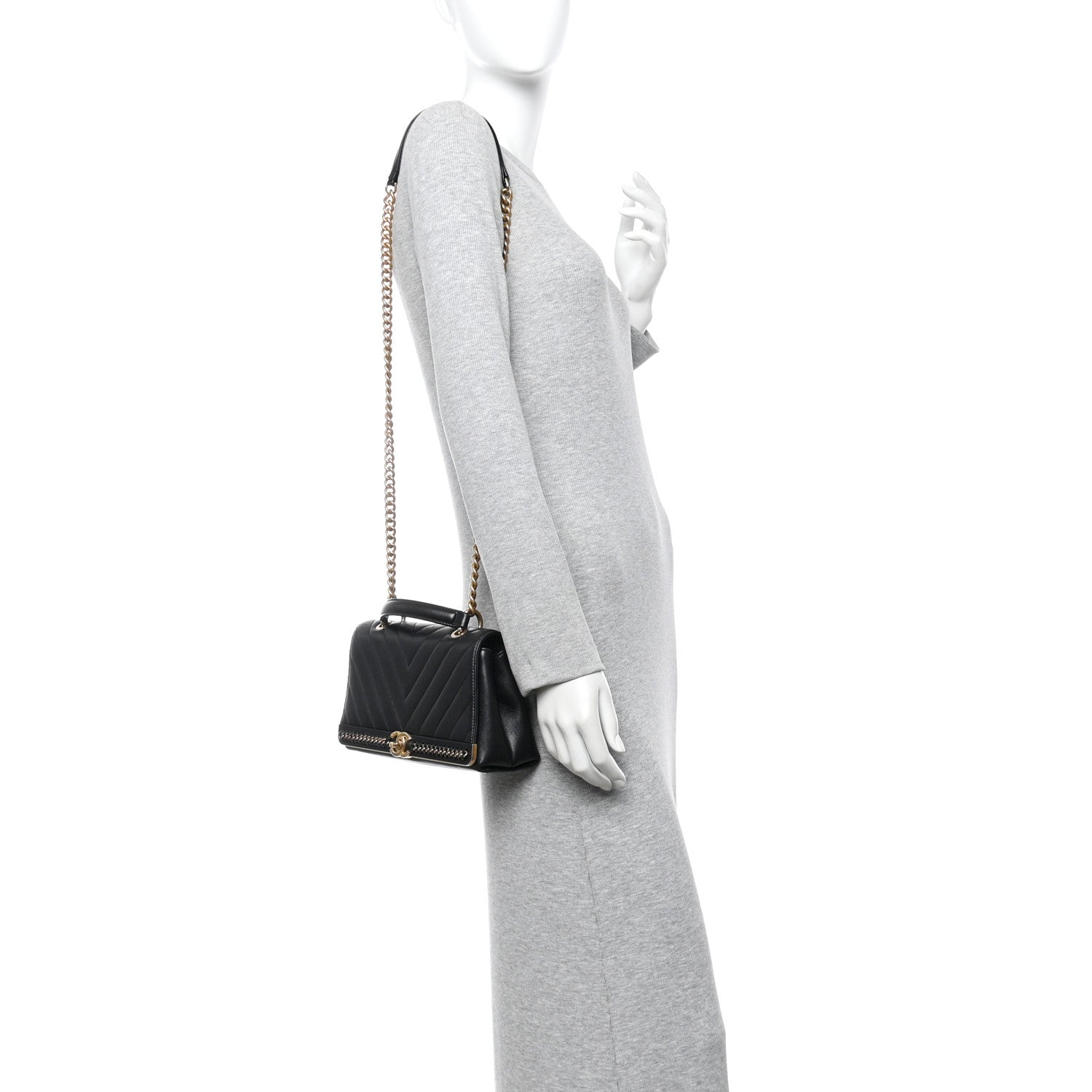 Chanel Sheepskin Chevron Stitched Chain Top Handle Flap Black 2 of 9