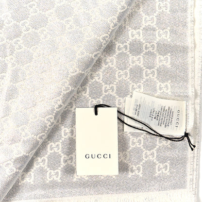 Gucci Cotton Lame GG Monogram Argentavio Fringe Scarf Ivory Light Grey 4 of 4