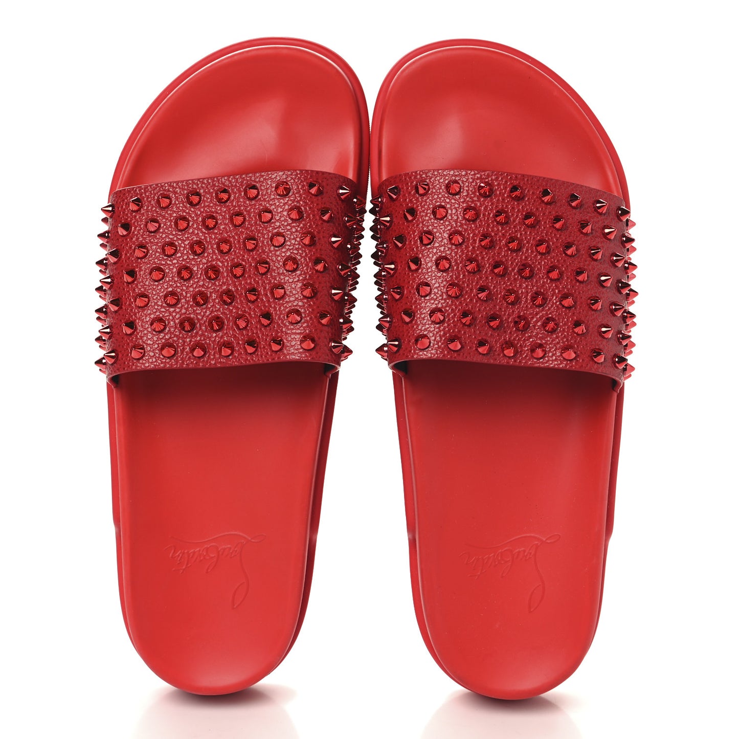 LOUBOUTIN Calfskin Spiked Crocodile Embossed Rubber Pool Fun Platform Flat Slide Sandals 44 Red