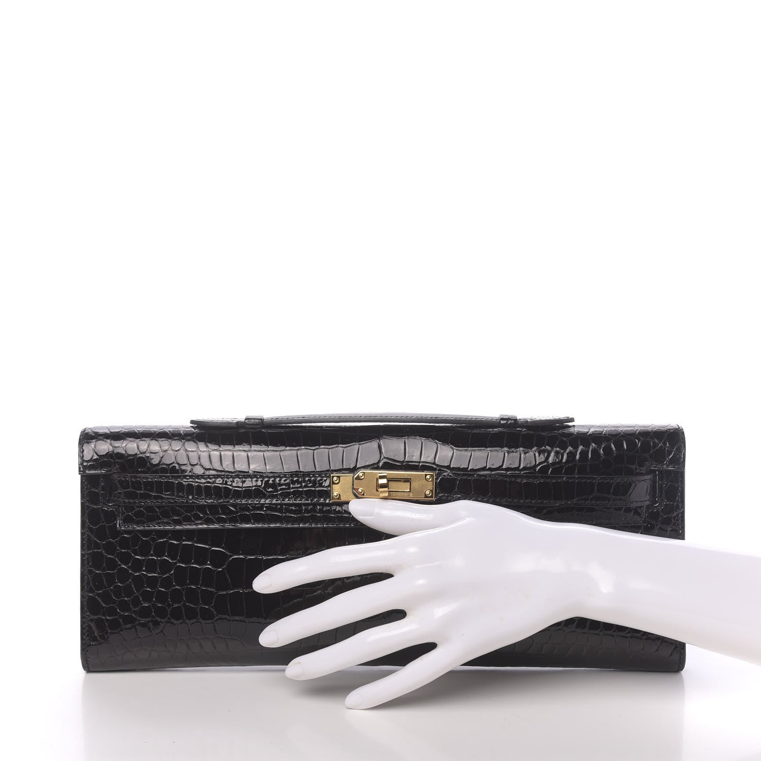 Hermes Shiny Porosus Crocodile Kelly Cut Pochette Black 2 of 31