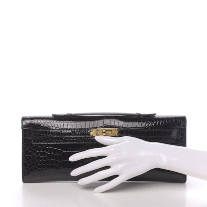 Hermes Shiny Porosus Crocodile Kelly Cut Pochette Black 2 of 31