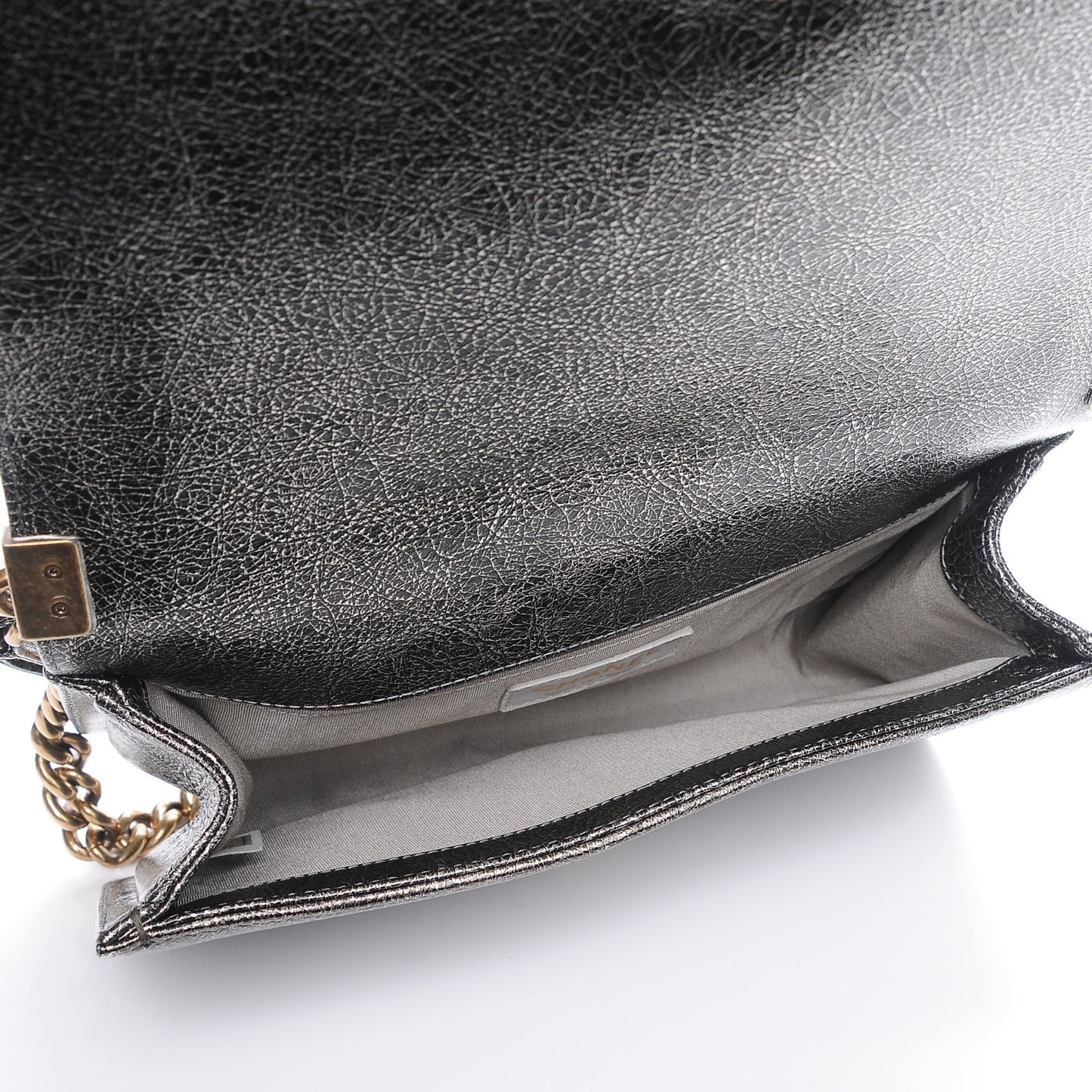 Cracked Metallic Calfskin Quilted Medium Boy Flap Silver