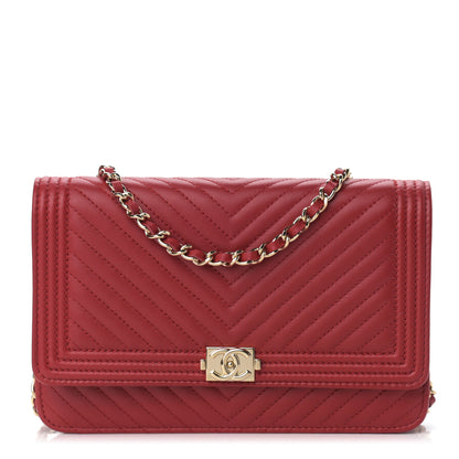 Chanel Lambskin Chevron Quilted Boy Wallet On Chain WOC Red 1 of 13
