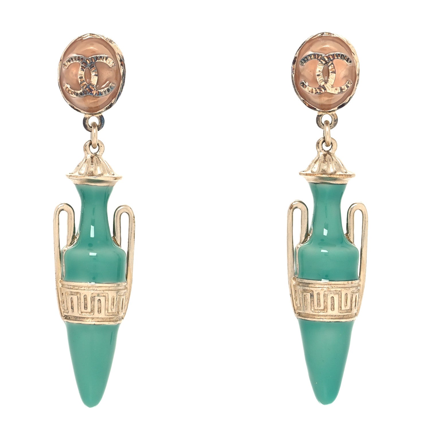 Chanel Metal Resin Ancient Greek Urn Drop Earrings Light Gold Turquoise 1 of 4