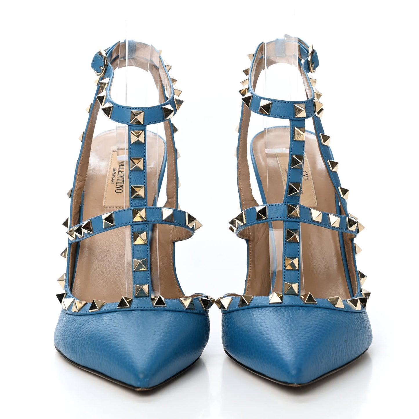 Pebbled Calfskin Rockstud Ankle Strap Pumps 41 Light Blue