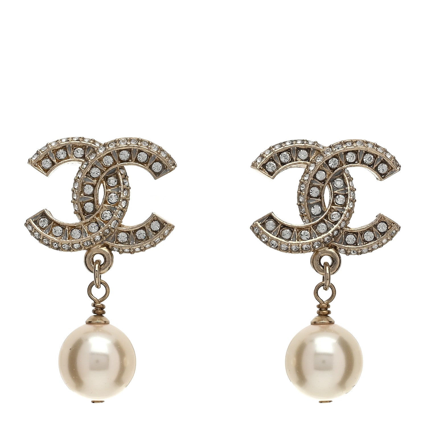 Chanel Crystal Pearl CC Drop Earrings Gold 1 of 5