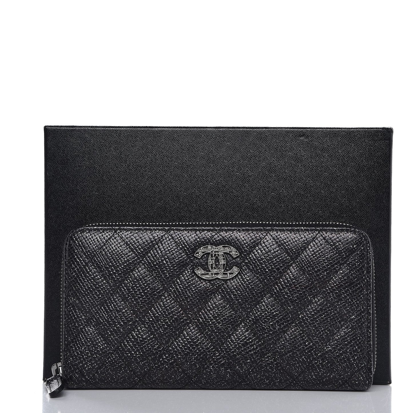 Glittered Calfskin Quilted Large Gusset Zip Wallet Black