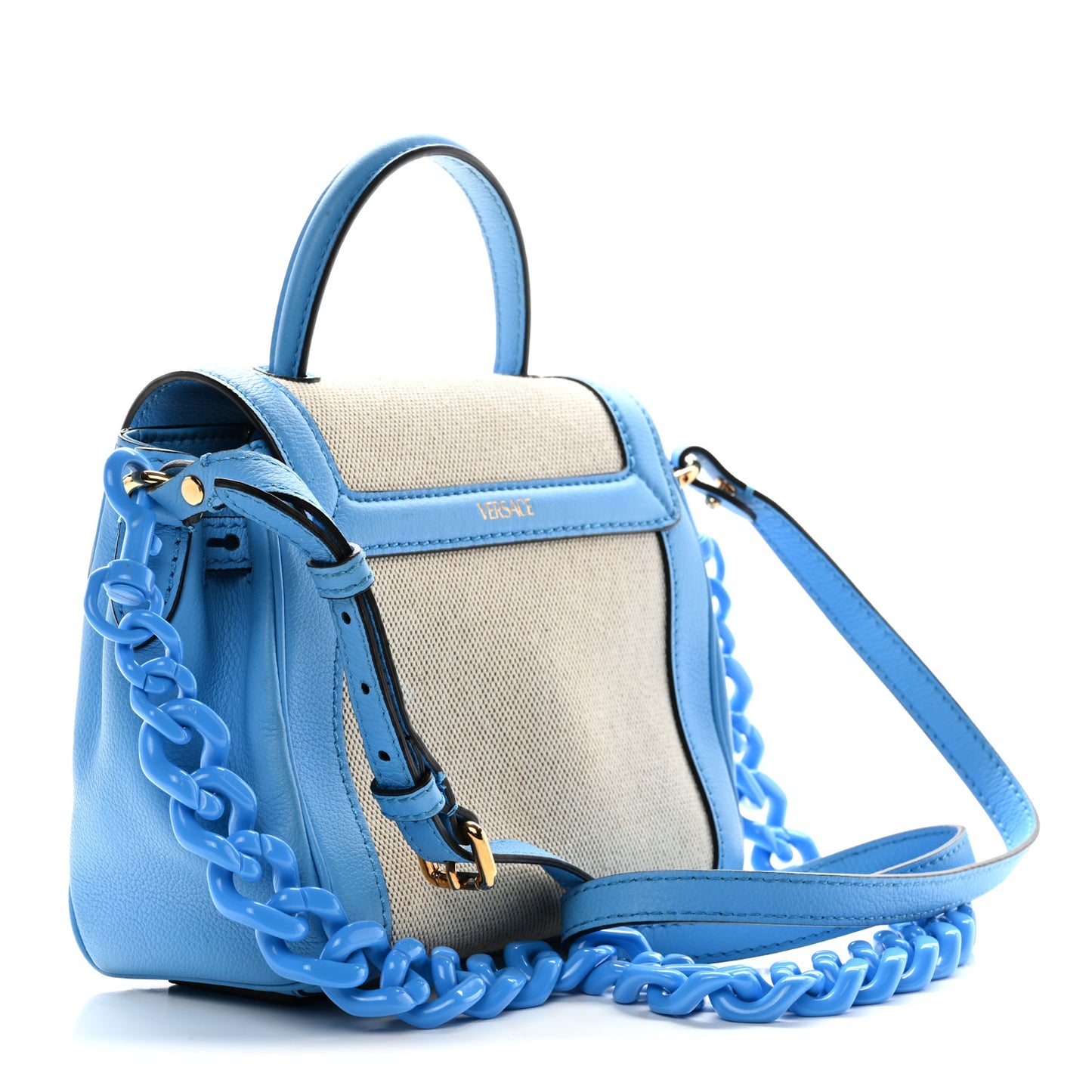 Grained Calfskin Canvas Small La Medusa Chain Top Handle Handbag Rope Blue
