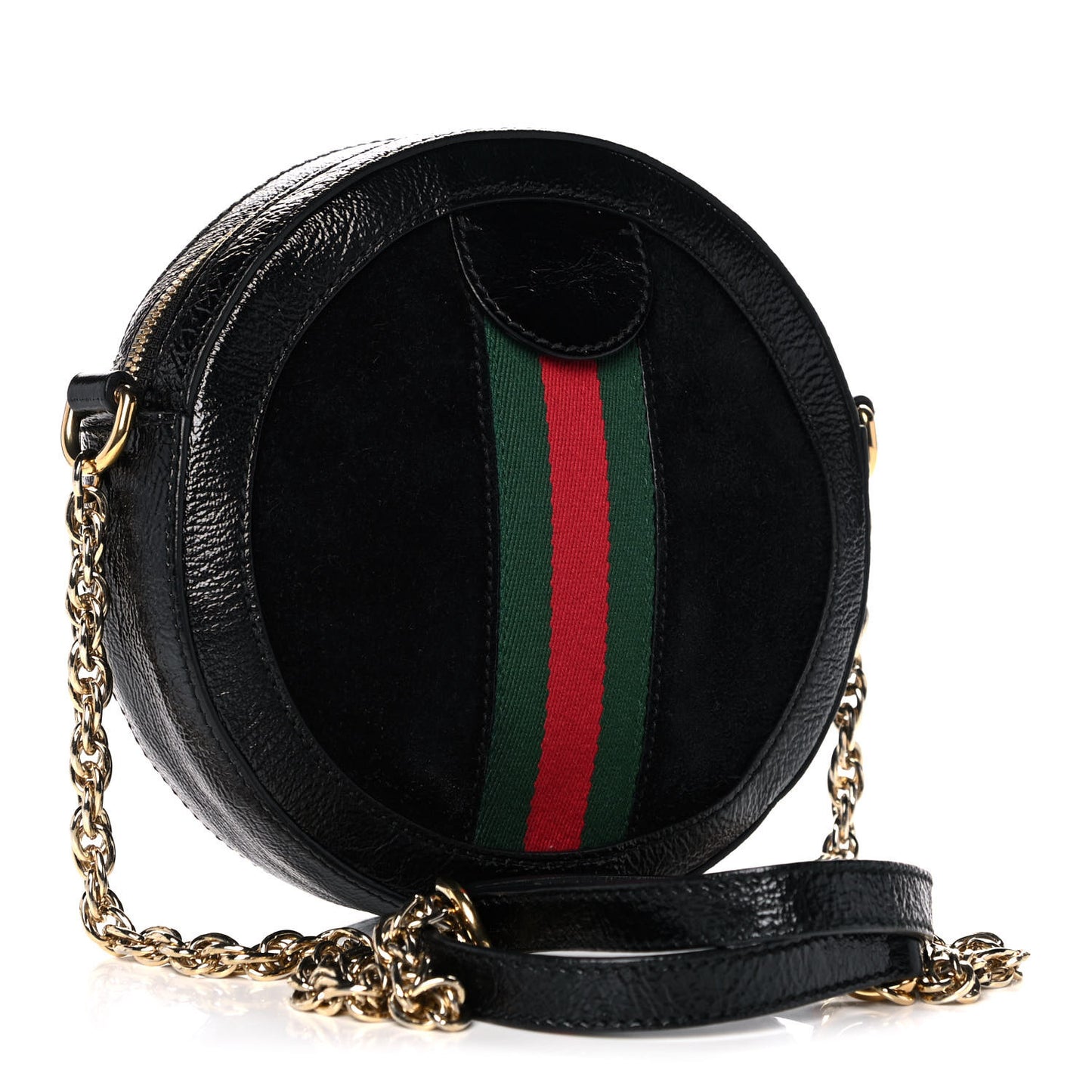 Suede Patent Web Mini Ophidia Round Shoulder Bag Black